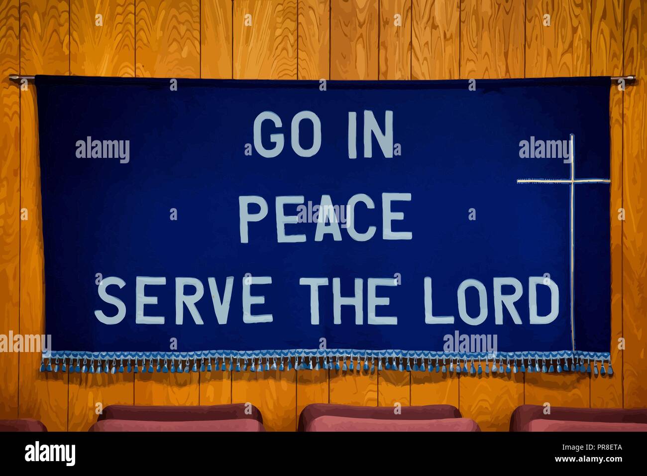 `Go in Peace Serve the Lord` written on Dark Blue Cloth with white cross on the right side, tassels all along the bottom of the cloth. Stock Vector